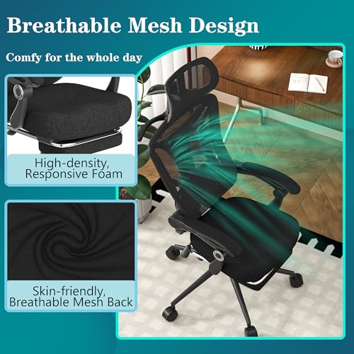 Ergonomic Office Chair - Adjustable Lumbar & Headrest, 90-160° Reclining with Footrest, Breathable Mesh Back - Home Office/Gaming Computer Chair (Black, 300lbs Capacity)