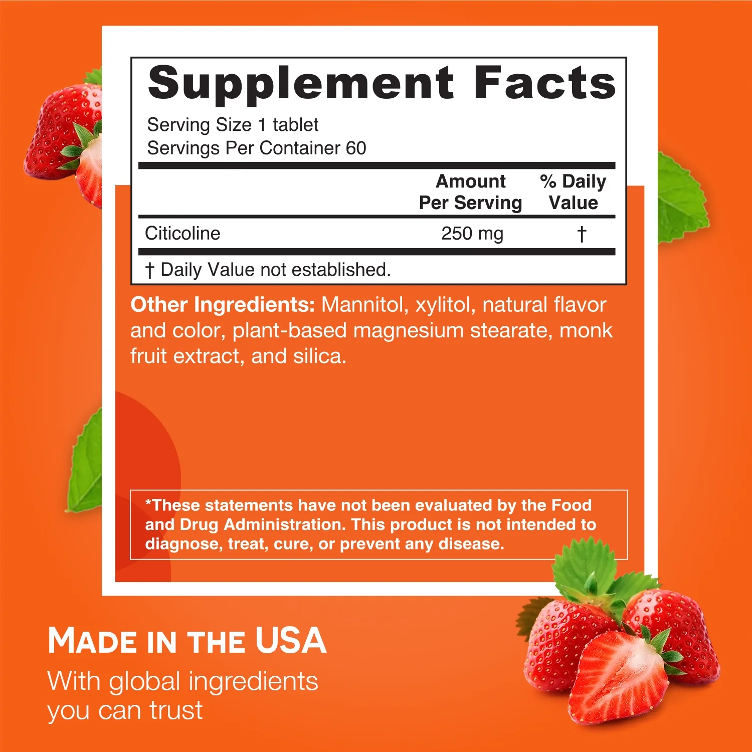 EZ Melts Citicoline Supports Optimal Brain Function, 250 mg 60 Tablets, Strawberry Flavored, Vegan Dietary Supplements, Dissolvable and Fast Melting