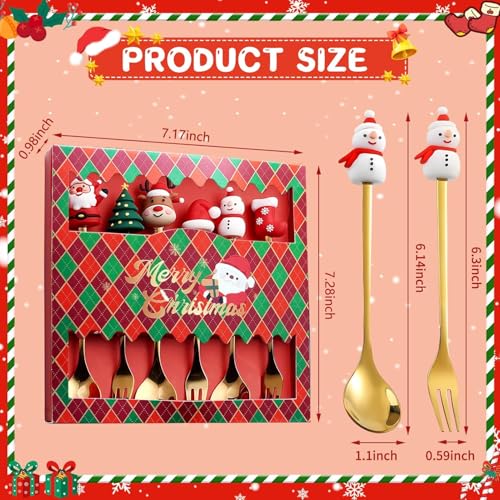 Christmas Forks and Spoons, Gold Dessert Set with 3 Spoons and 3 Forks, Stainless Steel, Gift Box for Festive Celebrations