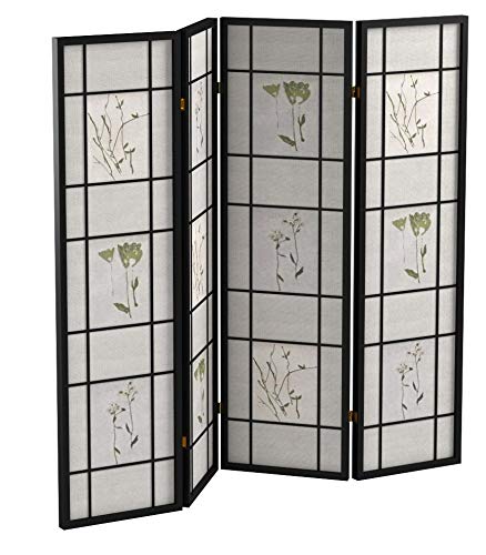 Coaster Home Furnishings - Catabella - Solid Wood - 70-Inch 4-Panel Room Divider Folding Shoji Screen with Beige Fabric Panels and Flandal Detail - Living Room & Bedroom - Black and Beige - 4407