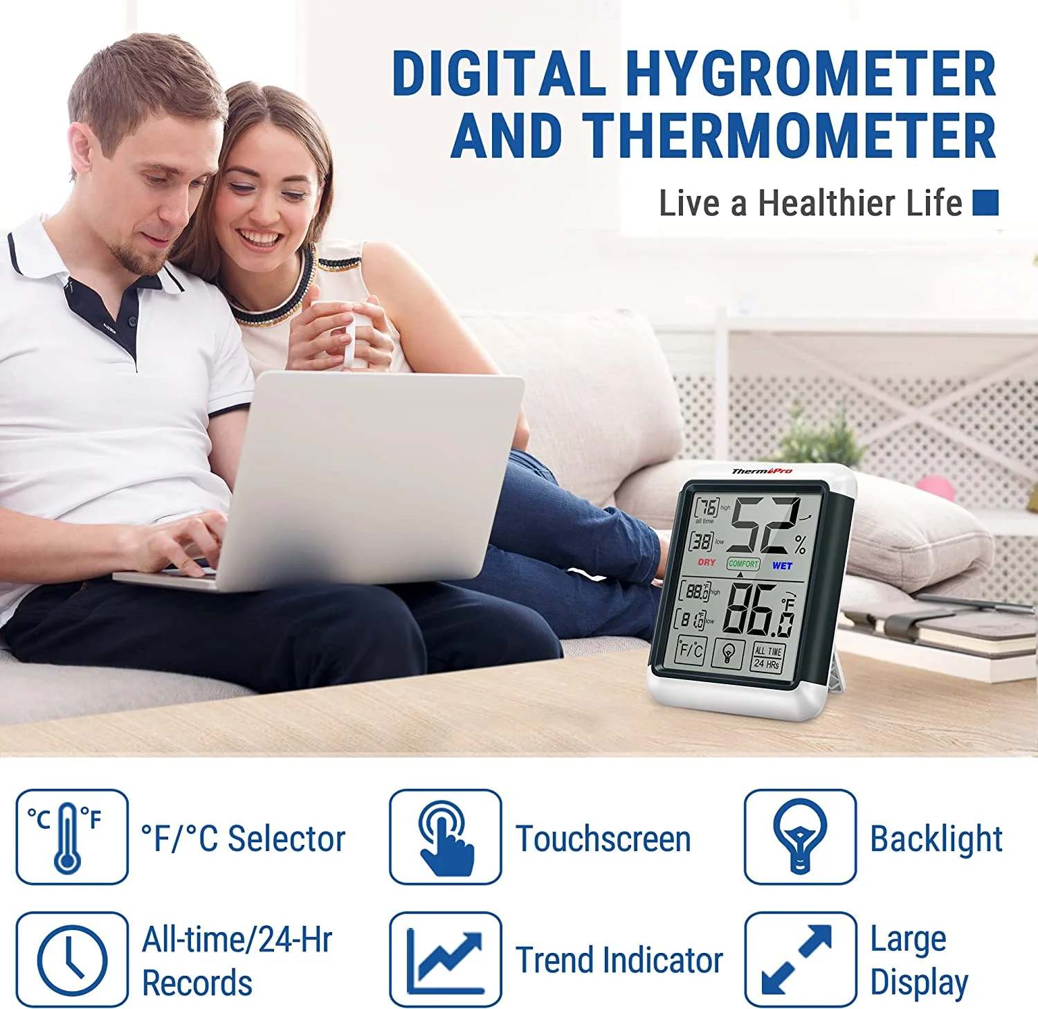 ThermoPro TP55 Digital Hygrometer Indoor Thermometer Humidity Gauge with Large Touchscreen and Backlight Temperature Humidity Monitor