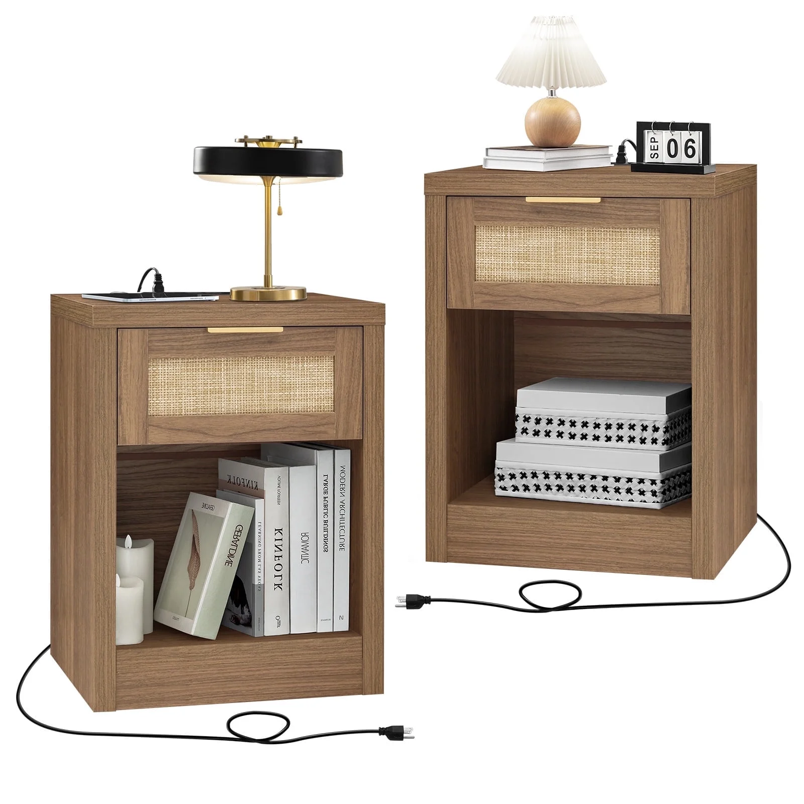 OAKHAM Rattan Nightstands Set of 2 with Charging Station, Boho Bedside Table with Drawers, End Table for Living Room, Bedroom, Special Walnut