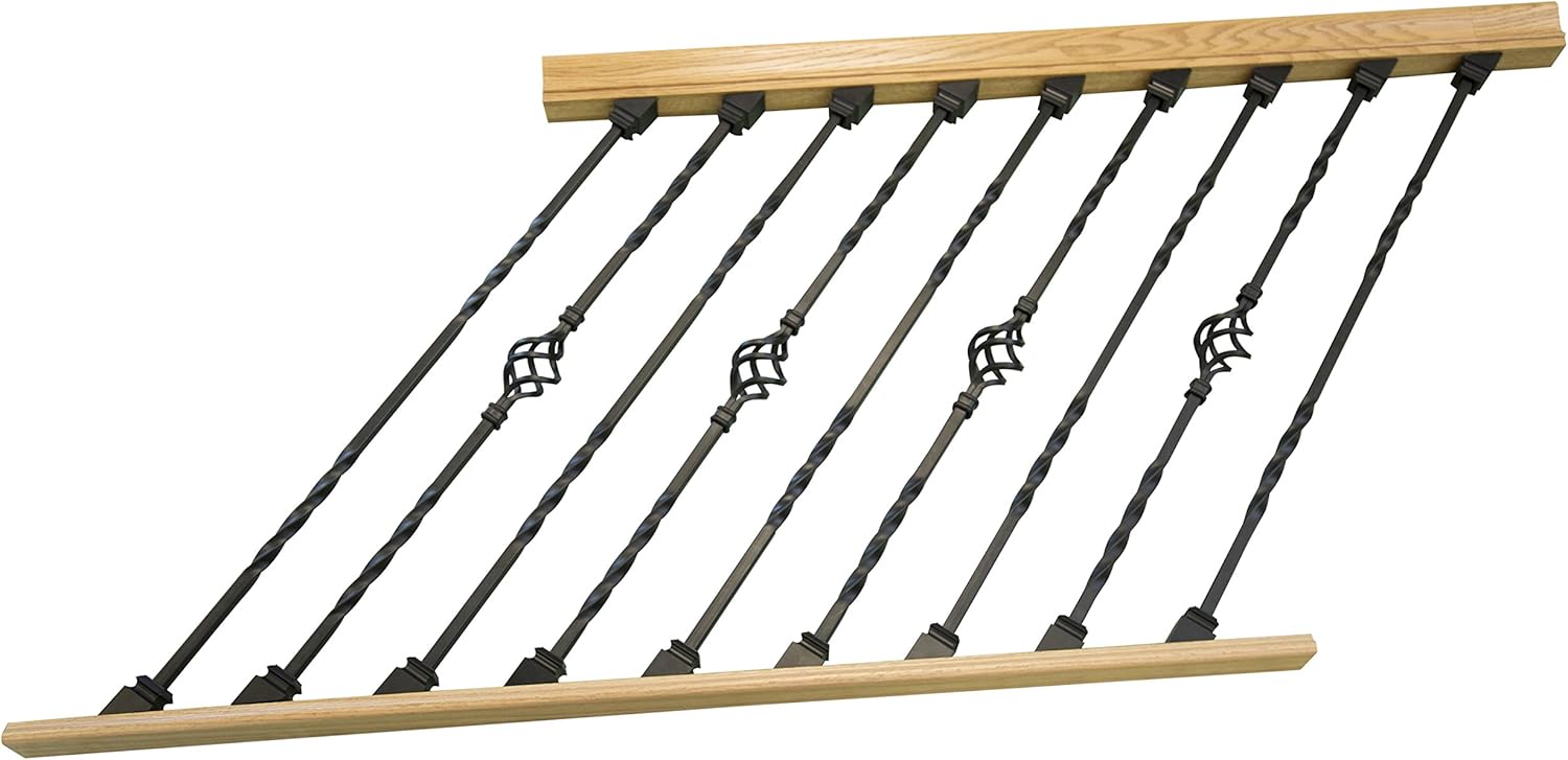 DIY Indoor Stair Rail Section Kit with Black Metal Balusters (Double Twist, Single Basket) (Rake 7' 6