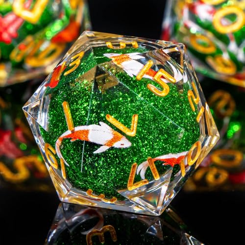 OUKELANWO Liquid Core Koi Fish DND Dice Set with Gift Box, 7Pcs Sharp Edge Resin Polyhedral Role Playing Game Dice, Ocean D and D Dice D20 D12 D10 D8 D6 D4