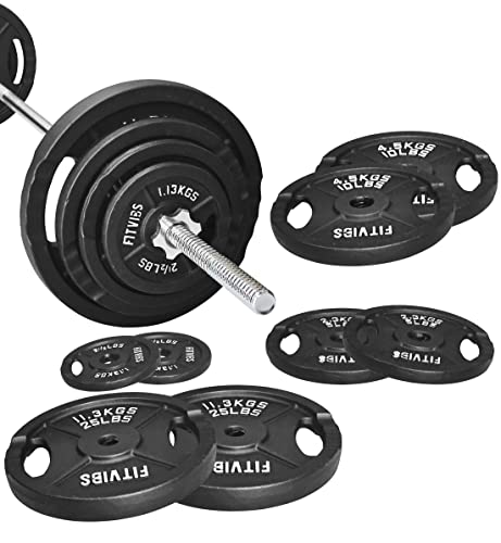 Cast Iron Standard Weight Plates Including 5FT Standard Barbell with Star Locks, 95-Pound Set (85 Pounds Plates + 10 Pounds Barbell), Multiple Styles