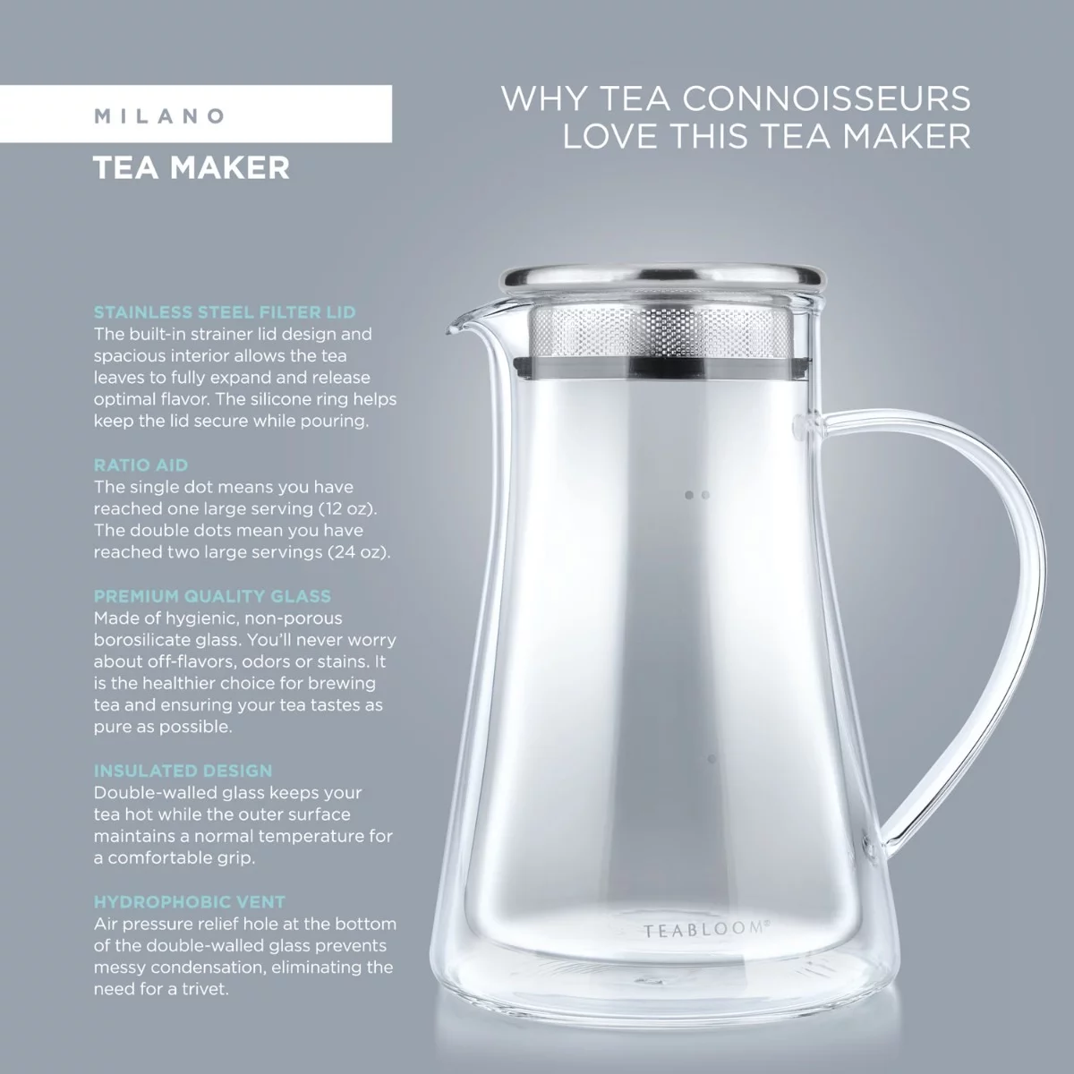 Teabloom Milano Elegant One-Touch Insulated Glass Tea Steeper