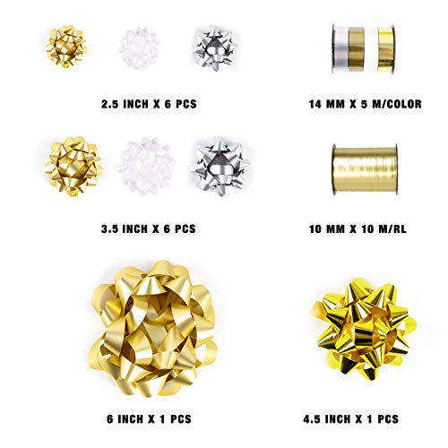 WRAPAHOLIC 40 Pcs Gift Bows Assortment - 28 Assorted Size Gift Bows(Gold&Silver&White), 1 Pull Bow, 2 Tinsel Bows, 2 Fountain Bows, 2 Curly Bows, 4 Curling Ribbons, 1 Cotton Twine