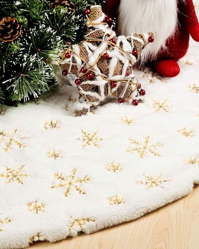 Christmas Tree Skirt 48 Inches, Faux Fur White Tree Skirt with Gloden Snowflakes, Soft Thick Christmas Tree Mat for Xmas Tree Decor, Large Tree Skirts for New Year Merry Christmas Tree Decorations
