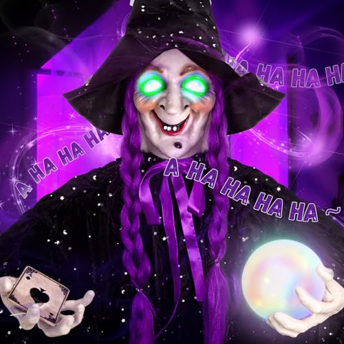 71” Halloween Hanging Talking Animatronics Witch with Sound Activated, Glowing Colorful Crystal Ball & Eyes for Halloween Haunted House Prop and Party Decor, Indoor/Outdoor Decoration