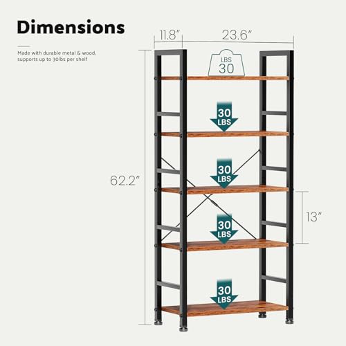 Book Shelf, 5 Tier Bookshelves Tall Modern Bookcase Shelf Organizer Storage Shelving Unit for Bedroom Living Room and Home Office Rustic Brown