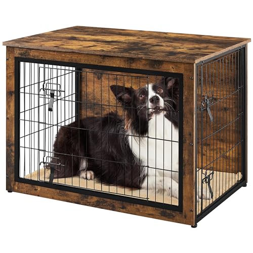 Yaheetech 27.5'' Dog Crate Furniture with Cushion Wooden Dog Crate with Double Doors/Adjustable Feet Side End Table for Small/Medium Dogs, Greige