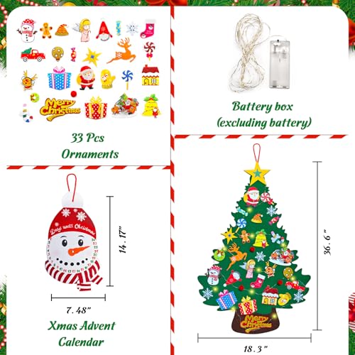 3ft Felt Christmas Tree for Kids with Advent Calendar and 33 ornaments, Wall Xmas Tree Decorations, Christmas Crafts for Kids, DIY Christmas Gifts with String Light (Batteries Not Included)