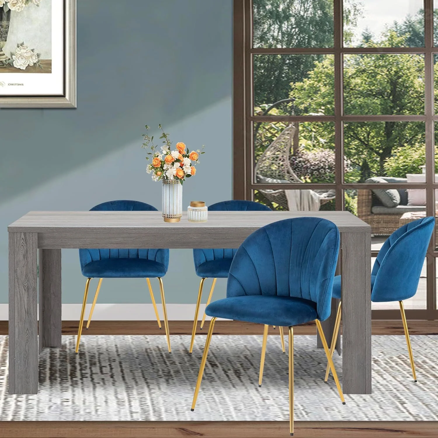 GIA Design Group 5-Piece Wooden Dining Table Set, Rectangular Table & 4 Velvet Blue Chairs,Kitchen