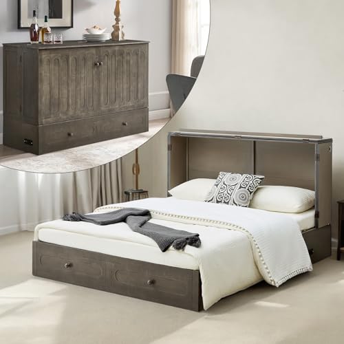 Murphy Bed with Mattress Included, Queen Murphy Bed Cabinet with Drawers and Charging Station for Small Apartments, Home Offices(Circular Pattern, White)