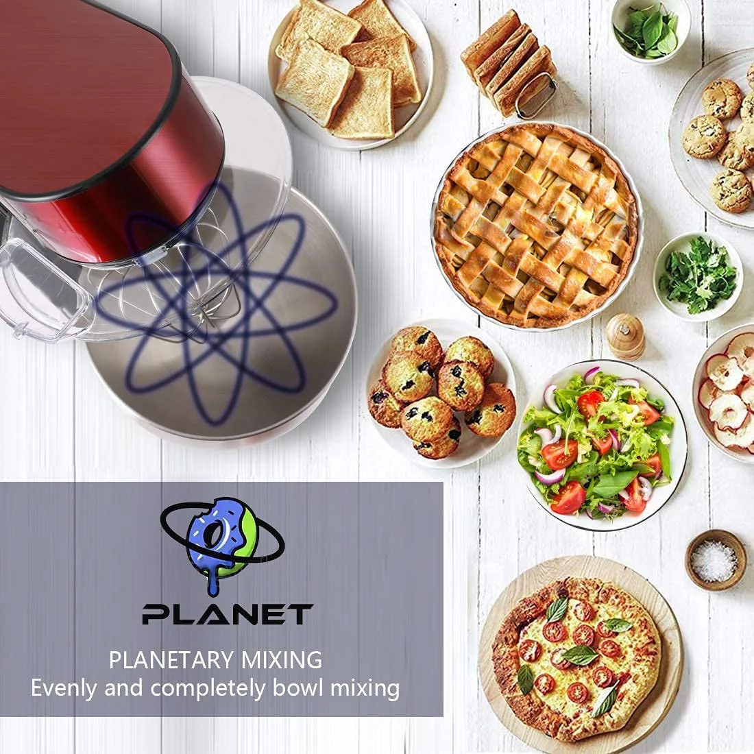 Stand Mixer, QCAI 6.5QT Mixer Stainless Steel kitchen mixer, 6-Speeds Tilt-Head Dough Mixer with Hook, Whisk & Beater, Splash Guard Electric Mixer, Red