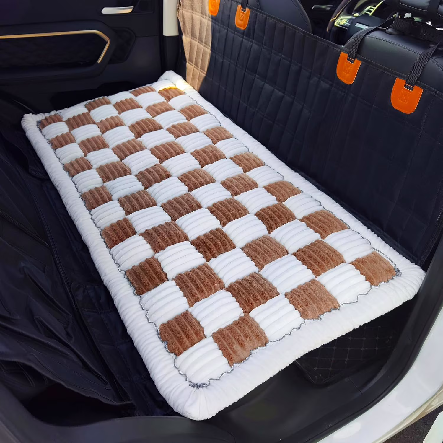 Backseat Pet Bed Mat, Plaid Dog Bed for Car Back Seat, Furry Dog Blanket for Car, Non-Slip Travel Pet Mat, Custom Fit for Backseat Extenders and Seat Covers (Brown&White, 24.8x54 inch)
