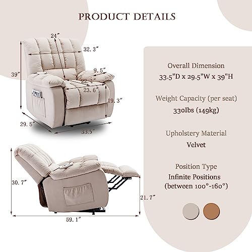 Velvet Recliner Chair, Electric Lift with Heat and Vibration for Living Room Massage, USB Port, Lazy Boy Chair Recliners Multi-Functional (Beige)