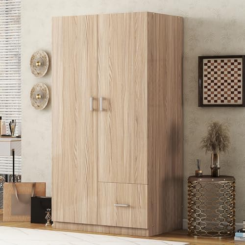 71'' Wooden Armoire with Double Doors and Storage Drawer, Modern 2 Door Wooden Wardrobe with 5 Fixed Shelves and Hanging Rod, for Kitchen, Hallway, Living Room, Bedroom (Natural-103)