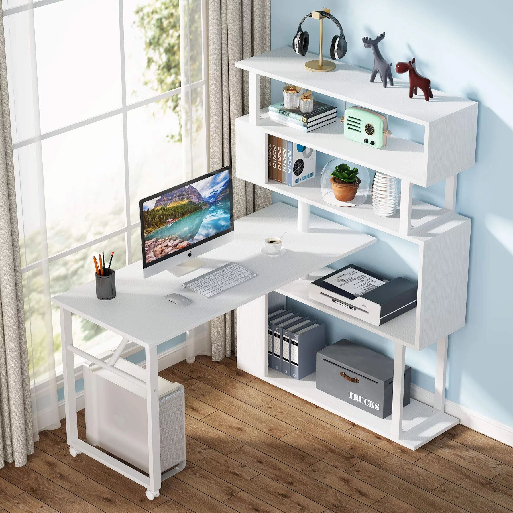 Tribesigns Rotating L Shaped Computer Desk with Storage Bookshelf, Reversible Corner Computer Desk for Home Office