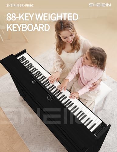 Digital Piano Hammer Action Keyboard 88 Keys Upright Acoustic Electric Weighted Piano Beginner MIDI Cover Full Size Sustain Pedal Stand Real Professional SR-FH80 (Beige Full Cover)