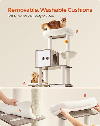 Feandrea Cat Tree with Litter Box Enclosure, 2-in-1 Modern Cat Tower, 70.8-Inch Tall Cat Condo with Scratching Posts, Perch, Caves, Basket, Washable Cushions, Heather Greige UPCT116G01
