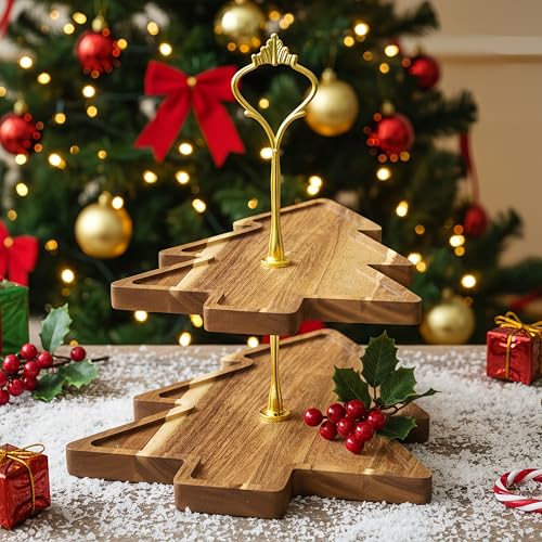 Christmas Tree 2-Tier Wood Serving Tray – Acacia Wooden Tiered Server for Holiday Table, Rustic Farmhouse Christmas Platter for Charcuterie, Cheese, Fruit & Desserts (15