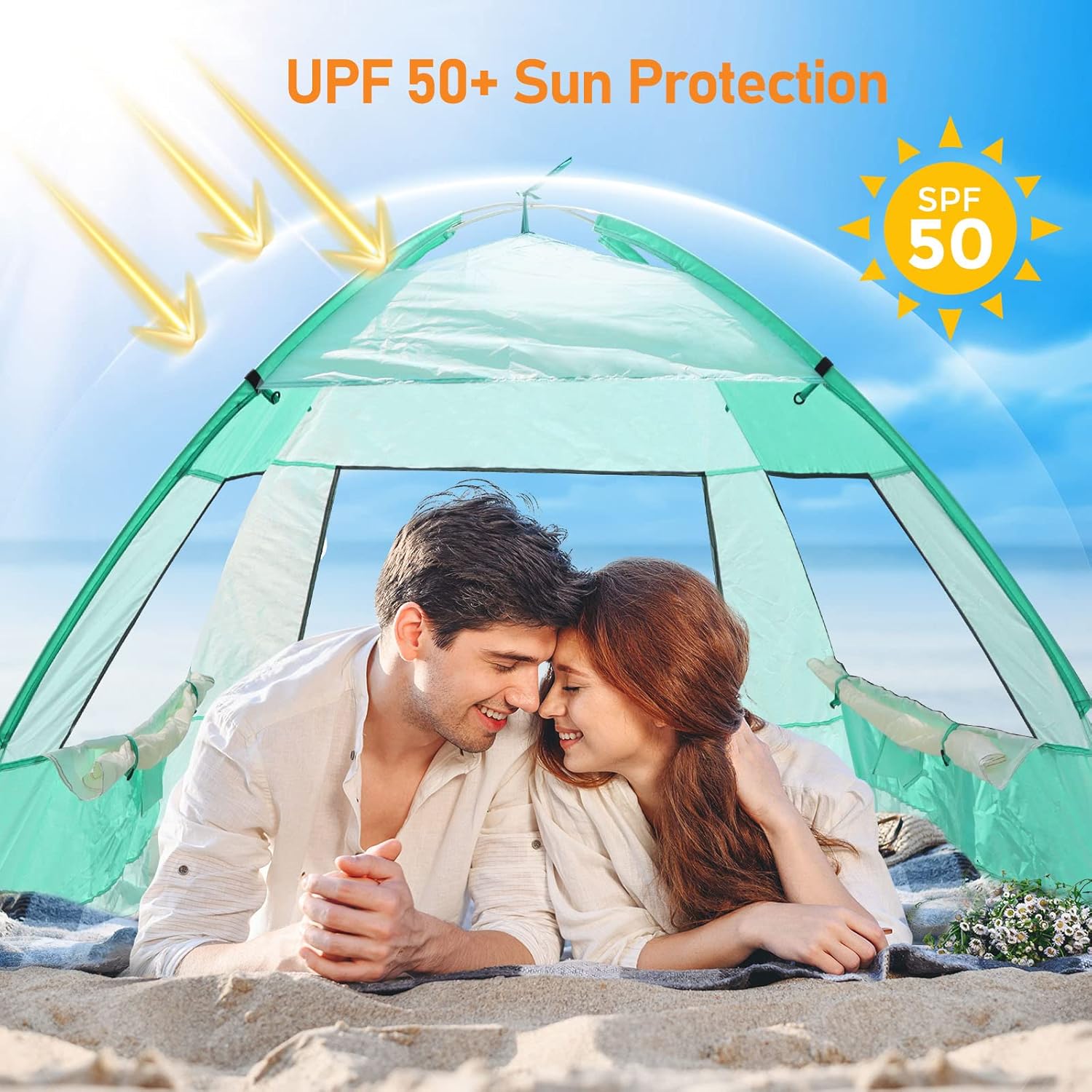 2 Person Pop Up Beach Tent, Anti-UV Beach Shelter, Easy Step Up, 3 Mesh Windows and 6 Sandy Bags, Keep Your Beach Trip Cool(Green)