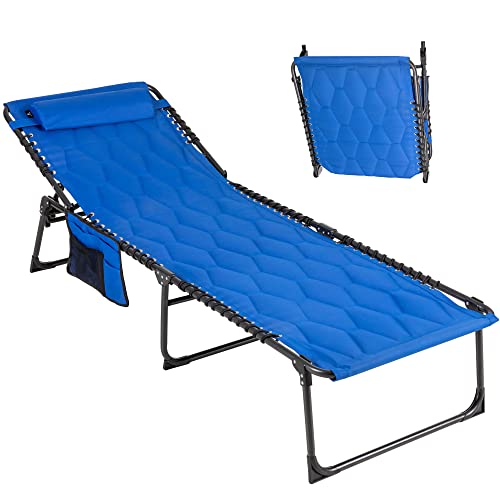 LET'S CAMP Portable Folding Reclining Lounger Camping Cot Adjustable 5-Position with Pillow Pocket Lightweight for Sleeping, Reclining, Outdoor, Travel, Adult, Garden (Blue)