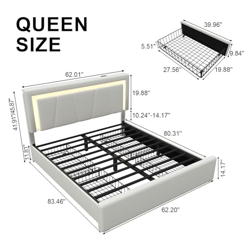 Full Size Bed Frame with 4 Storage Drawers and LED Lights, Upholstered Platform Bed with Adjustable Headboard and Charging Station, Metal Slats Support, No Box Spring Needed,Easy Assembly, White