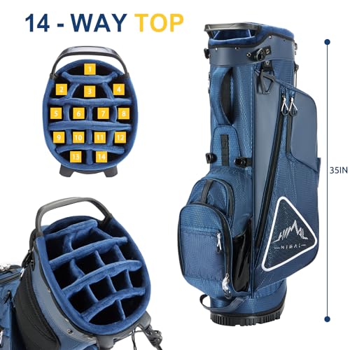 14-Way Golf Stand Bag, Full Length Premium PU Leather Golf Bag with Plush Top, Magnetic Pocket, Dual Strap and Rain Cover for Men