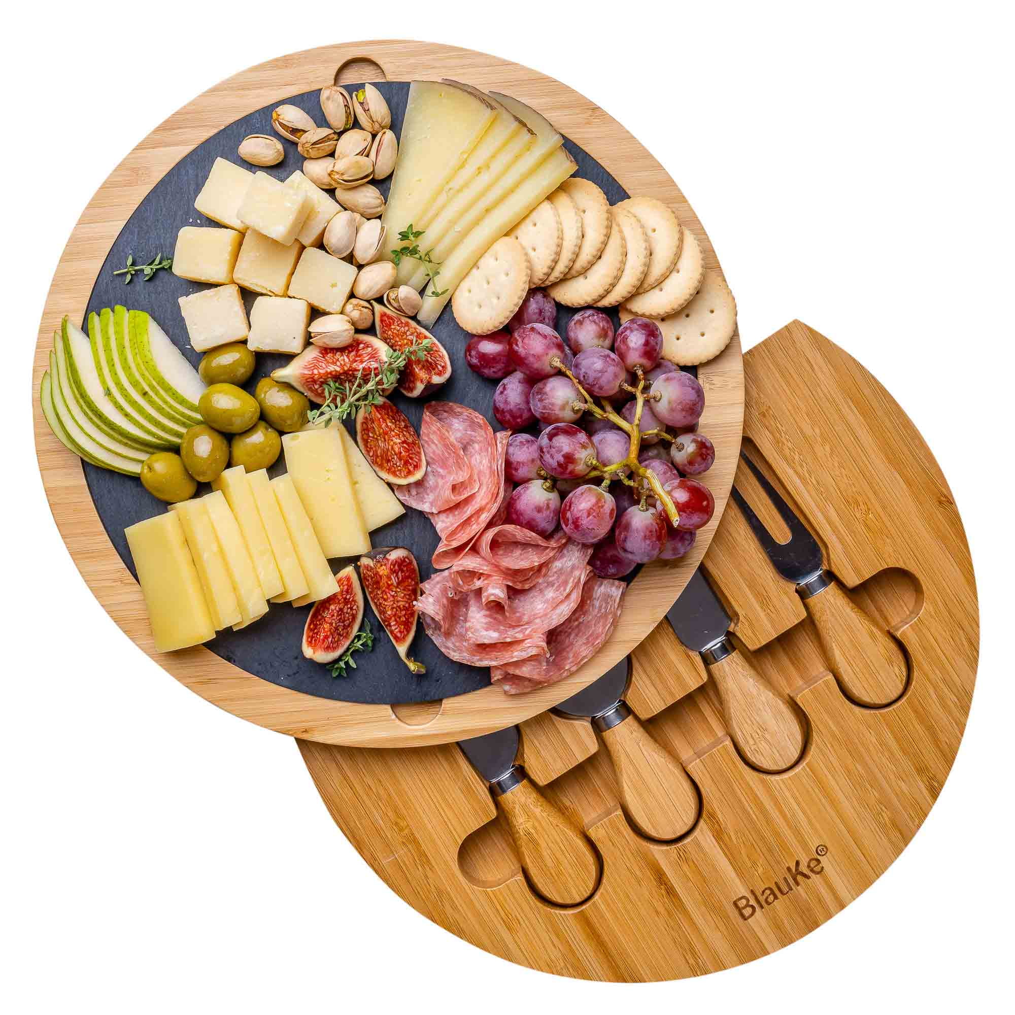 BlauKe® Bamboo Cheese Board with Knife Set and Slate – 12 inch Round Charcuterie Board, Serving Tray, Platter, Wood Cheese Board Set – Gift Idea