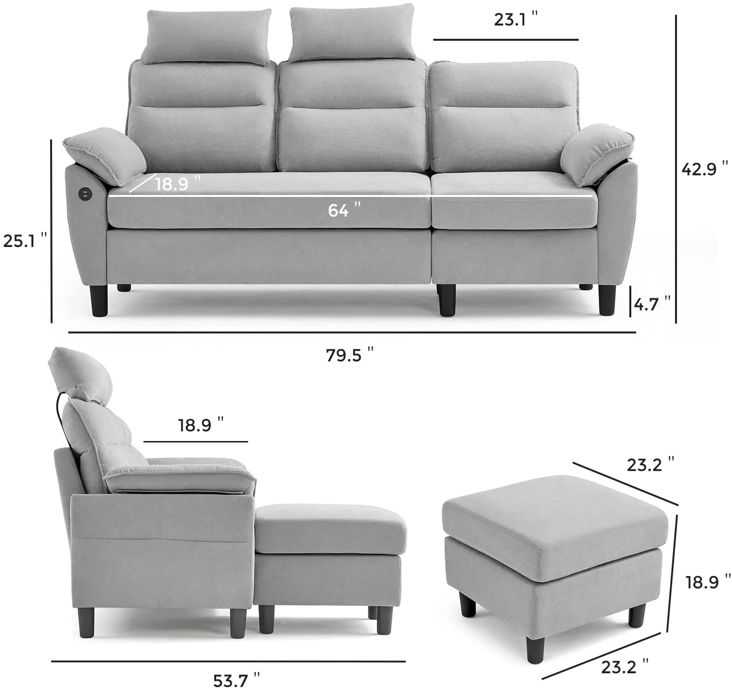 Reversible Sectional Couch  L Shaped Sofa with 2 USB Ports and Storage  3 Seat Small Sectional Sofa Set for Living Room  Apartment  Light Grey