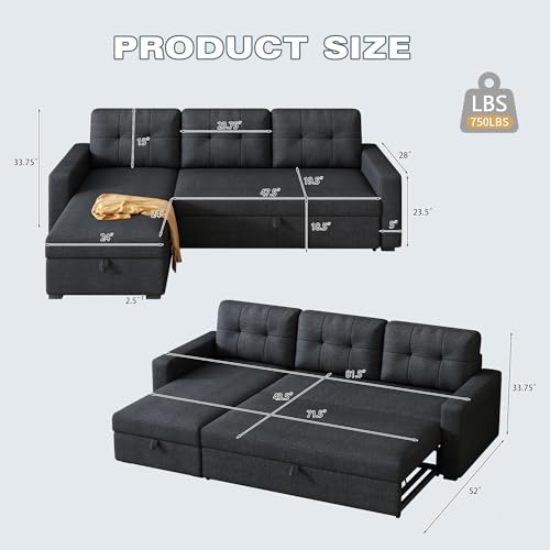 Ball & Cast L-Shape Reversible Sectional Sleeper Sofa Bed 4 in 1 Pull Out Couch with Storage Chaise & Removable Back Cushions,Convertible Sleeper Corner Couch Pull-Out Sofa Bed for Living Room,Office