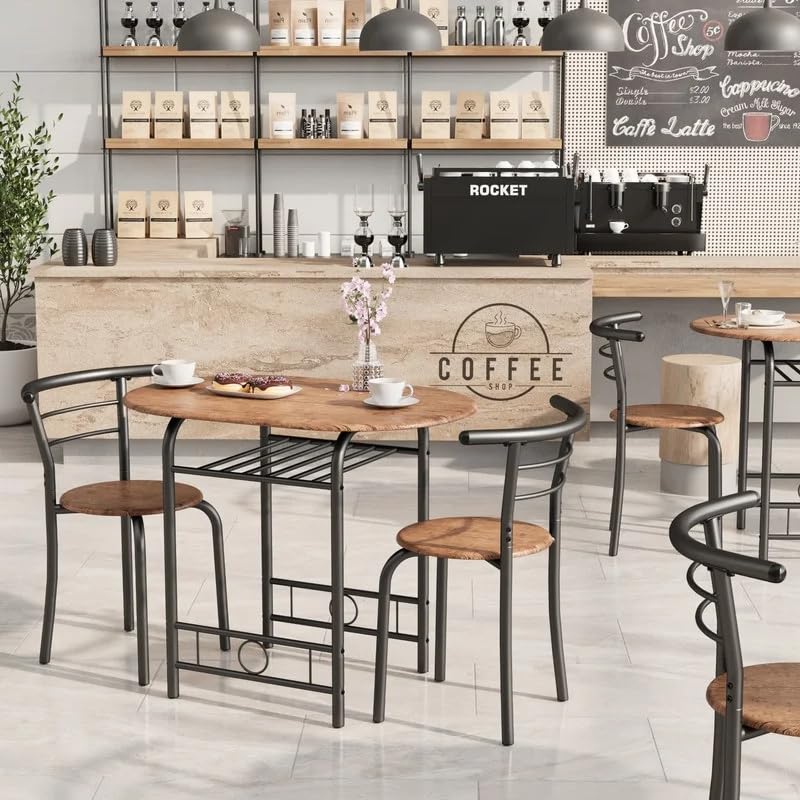 Shahoo 3-Piece Wooden Dining Table Set, Kitchen Breakfast Nook Sets with 2 Chairs & Round Tabletop, Space Saving Furniture Metal Frame and Built-in Wine Rack, Walnut