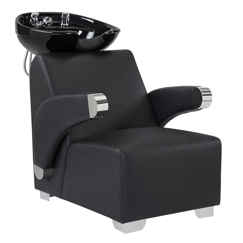 BarberPub Ceramic Bowl Backwash Shampoo Chair, Adjustable Modern Shampoo Sink Chair, Hair Washing Station for Professional Shampoo Barbershop, Home&Beauty Spa Salon 9102 (White)