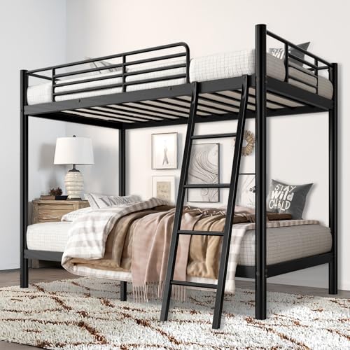 Loft Bunk Bed Twin Over Full Size with Ladder and Guardrail, Heavy Duty Bunk Beds Metal Slats Support, No Box Spring Needed, Space Saving Furniture for Bedroom Kid Room and Dorm (Twin Over Full)