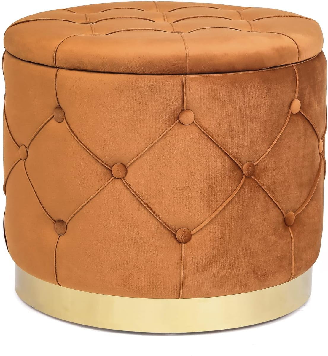 Round Storage Ottoman, Velvet Button Tufted Upholstered Bench With Removable Top, Coffee Table Footrest Stool With Golden Metal Band For Living Room Bedroom Entryway (Orange)
