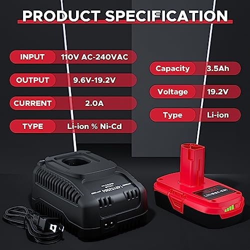 TURPOW 2Pack 3.5Ah C3 Replacement Battery for Craftsman 19.2 Volt Battery XCP 130279005 1323903 130211004 11045 with Craftsman 19.2V Battery Charger