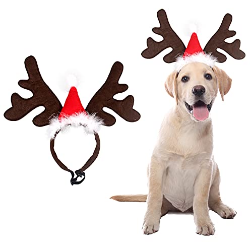 SOGAYU Christmas Dog Elk Reindeer Antler Headband Santa Hat Cap Pet Xmas Costume Headwear Adjustable Accessories for Cat and Puppy Small Dog