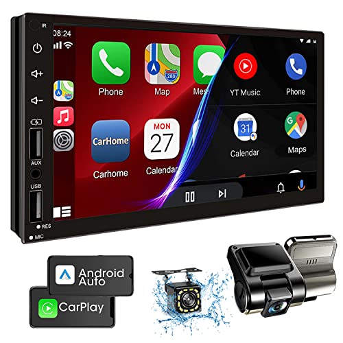 Leadfan Double Din Car Stereo Radio Support Apple Carplay&Android Auto, 7inch HD Touchscreen Double Din Radio with Bluetooth, Car Audio Receivers, Camera, MirrorLink, FM Radio, 2 USB/TF/AUX/Subwoofer