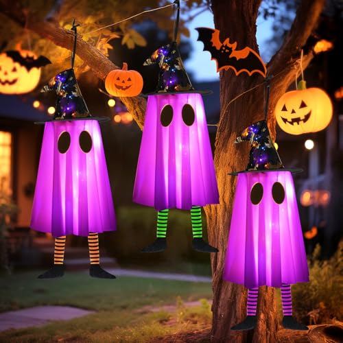 6P Lights Up Hanging Ghosts Halloween Decorations Outdoor(Purple & Orange), Timer, IP65 Waterproof, Battery Operated Halloween Lights with Witch Hats, Holiday Decorations for Patio Garden