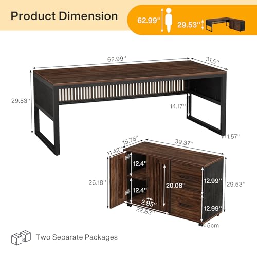 Tribesigns 63-Inch L-Shaped Executive Desk with Mobile File Cabinet, Large Office Computer Desk, Business Furniture Table with Drawers and Storage Shelves for Home Office, Dark Walnut & Black