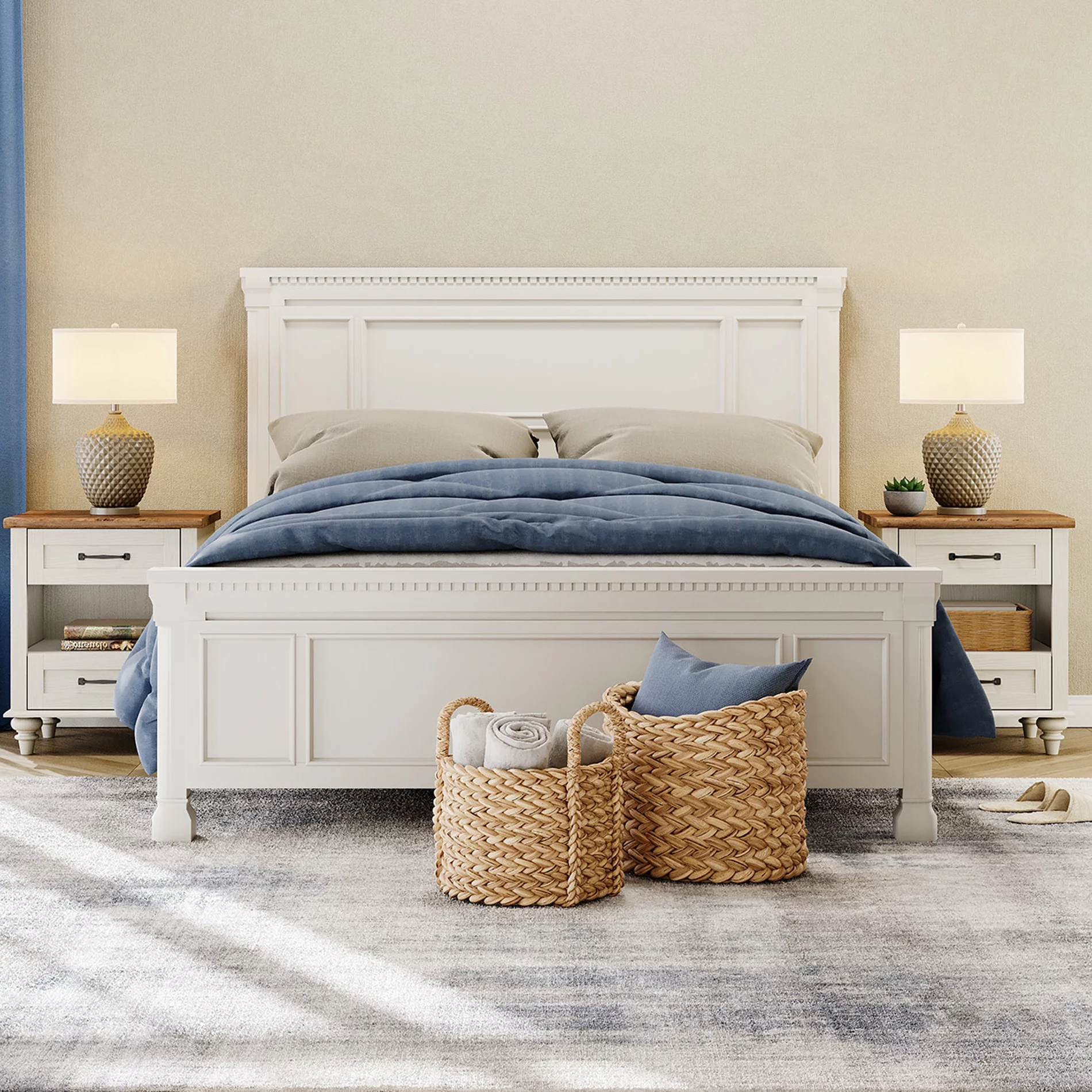 Nightstand Set of 2 with Charging Station Farmhouse Wooden End Table Sofa Side Table with 2 drawers for Bedroom Living Room, White