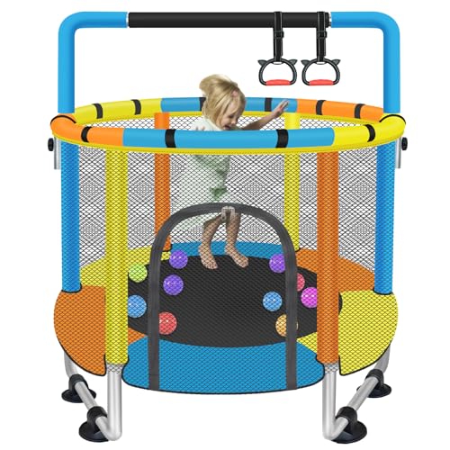 Toddler Trampoline for Kids Ages 1-8, 55'' Small Trampoline with Safety Enclosure Net & Adjustable Gymnastics Bar, Indoor & Outdoor Baby Mini Trampolines, Birthday Gifts for Children & Boys & Girls