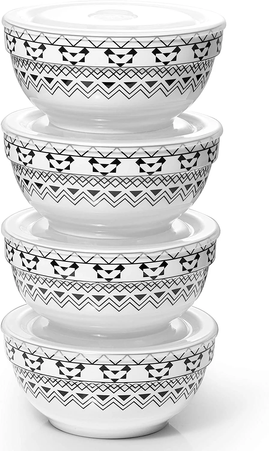 DOWAN Porcelain Bowls Set with Lid, 22 oz Cereal Soup Bowls, Ceramic Food Storage Bowls, Dishwasher & Microwave Safe, Prep Bowls for Kitchen, Modern Bohemian Bowl for Oatmeal Rice Pasta Salad, 4 Pack