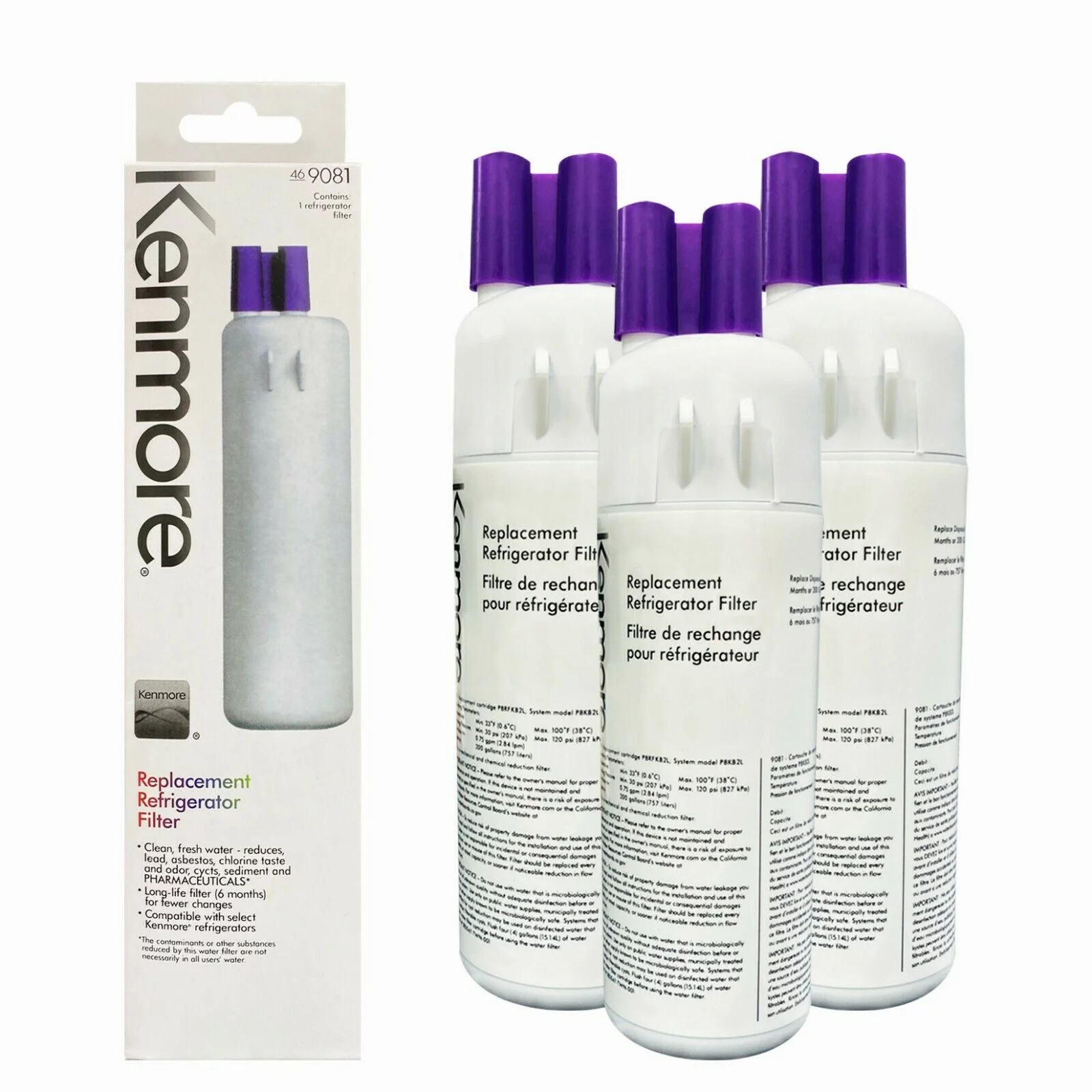 Kenmore 469081 Refrigerator Water Filter Compatible with Kenmore Water Filter EDR1RXD1,W10295370A,WHR1RXD1,46-9081 9081 46-9930 9930 Filter (Pack of 3)