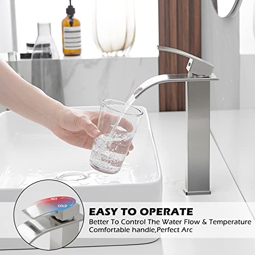 BWE Vessel Sink Faucet Modern Waterfall Chrome Single Hole Bathroom Faucet Single Handle with Pop up Drain Without Overflow Assembly Vanity Basin Bath Sink Faucets Mixer Tap