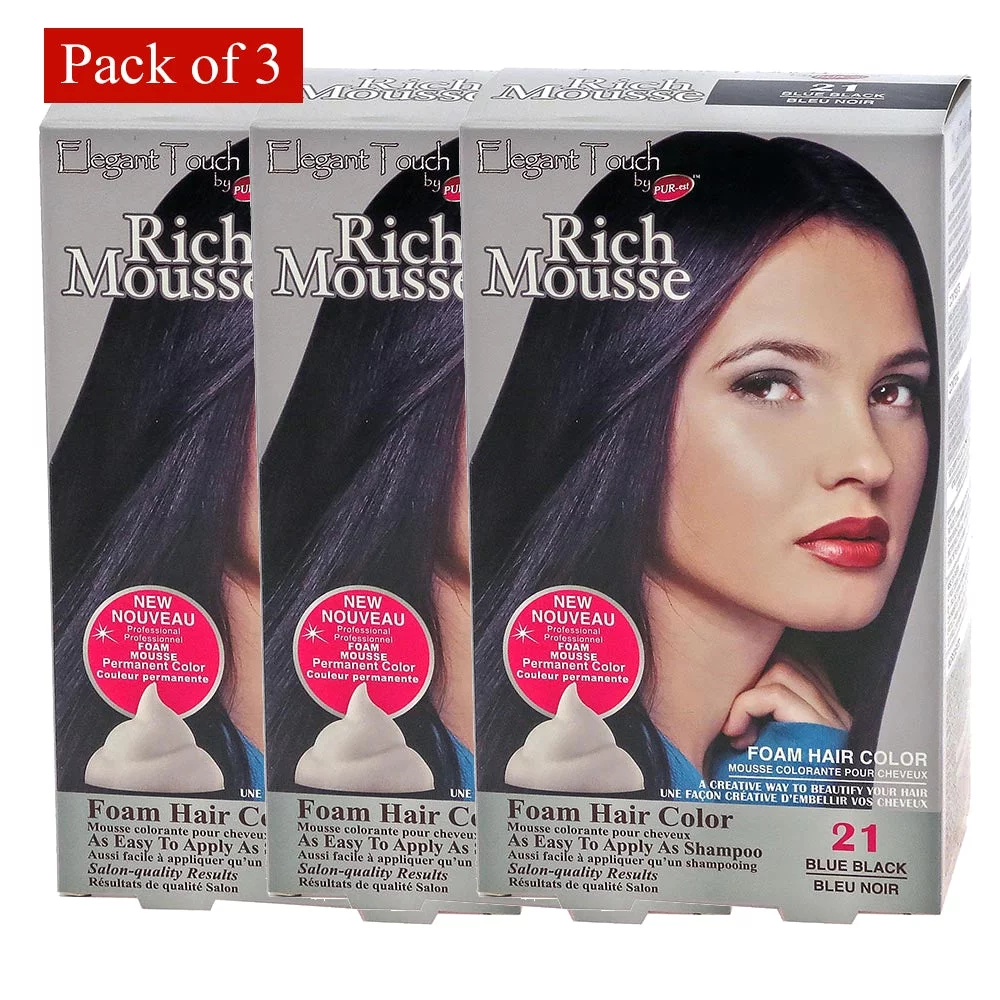 Foam Hair Color Rich Mousse Blue Black #21, Elegant Touch By PUR-Est (Pack of 3)