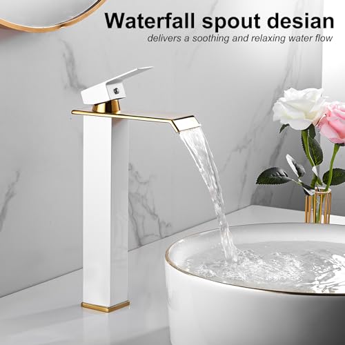 White Gold Faucet Bathroom Vessel Sink Golden Waterfall Spout Faucet Single Handle Bowl Sink Faucet Modern Single Hole Basin Vanity Tall Bathroom Sink Faucet with Pop Up Drain Stopper Supply Hose