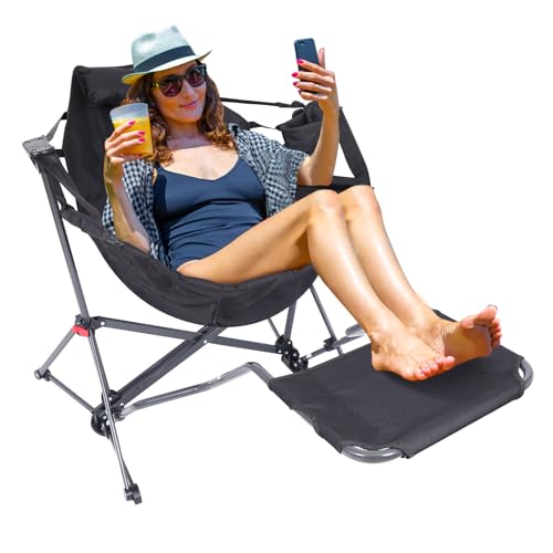 Nice C Hammock Camping Chair, Camping Chair Rocker, Swinging Chair, High Back with Stand, Cup Holder, Side Pocket, Heavy Duty (1, Black w/footrest)